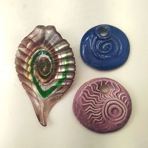 3 necklace pendants - one Murano or Lampwork glass, 2 handmade ceramic "peace"